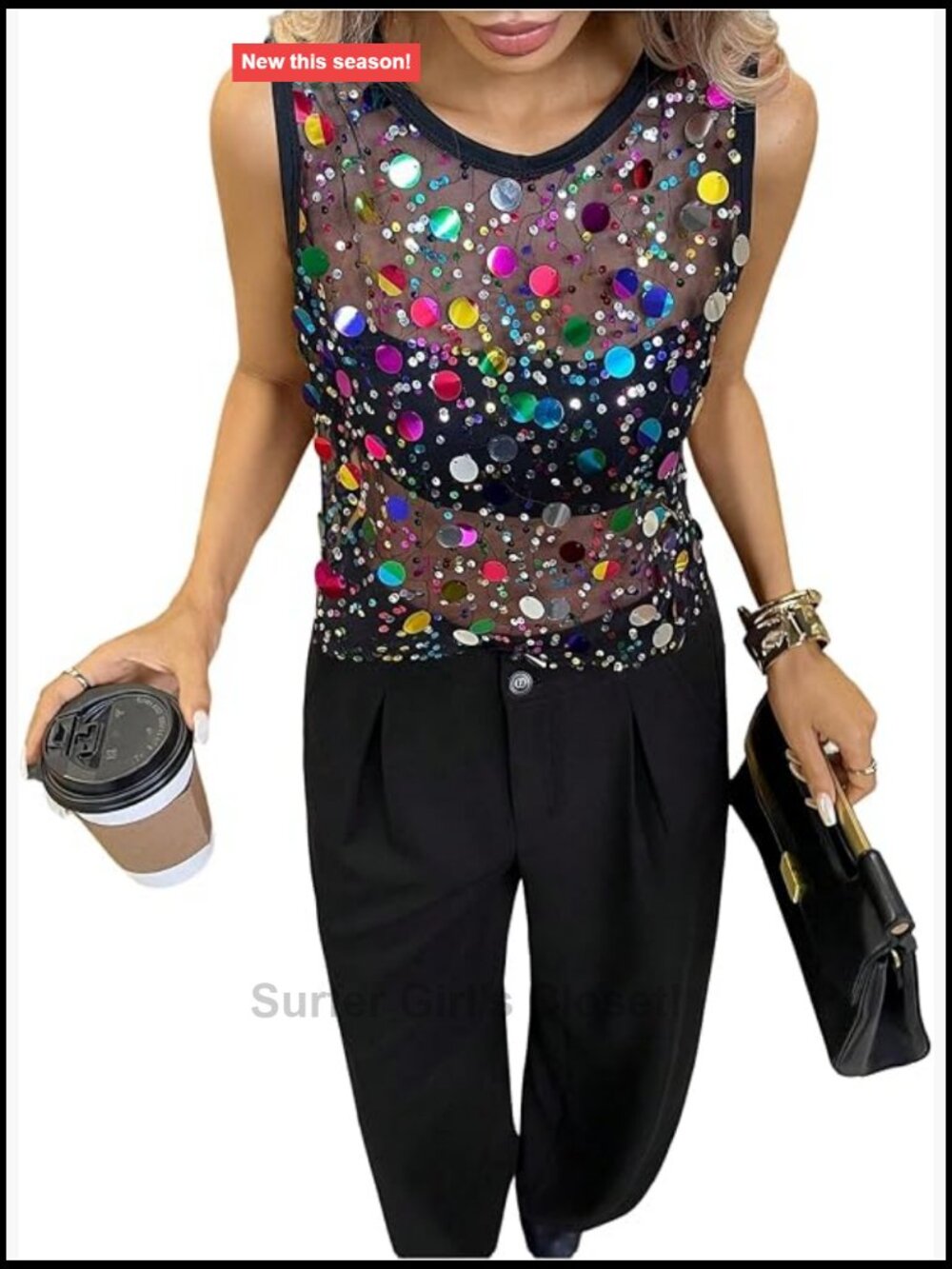 Sequin Sheer Mesh Sleeveless Tank Top Sparkly Club Party Top
